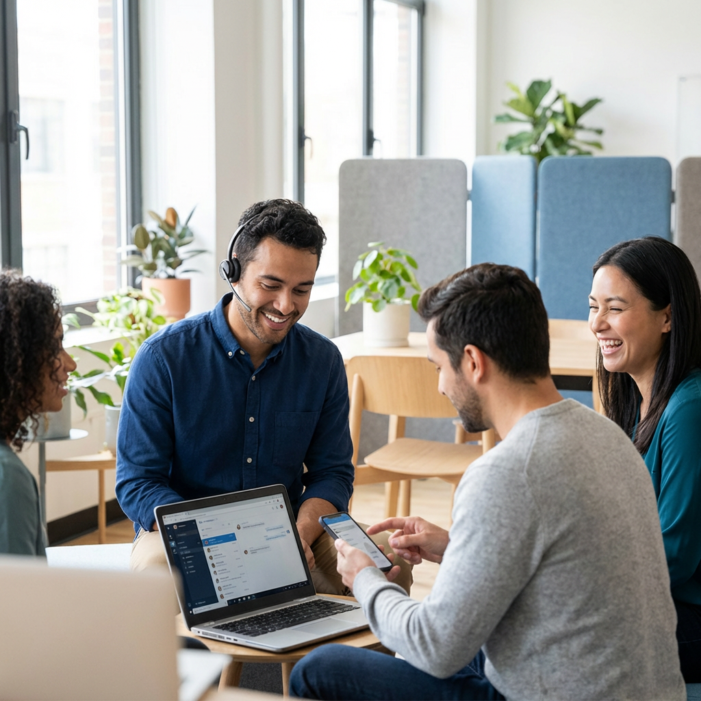 Office team using softphone apps on desktop and mobile