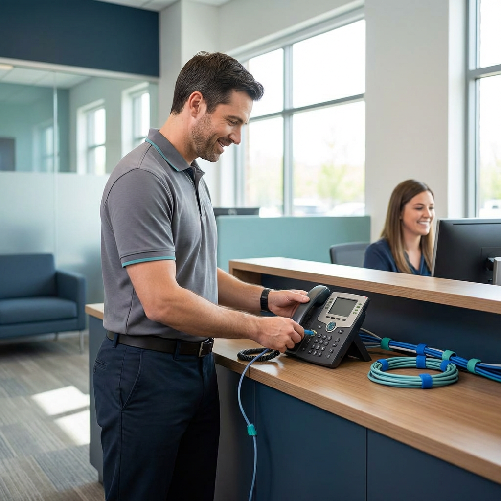 Technician installing VoIP system for a business
